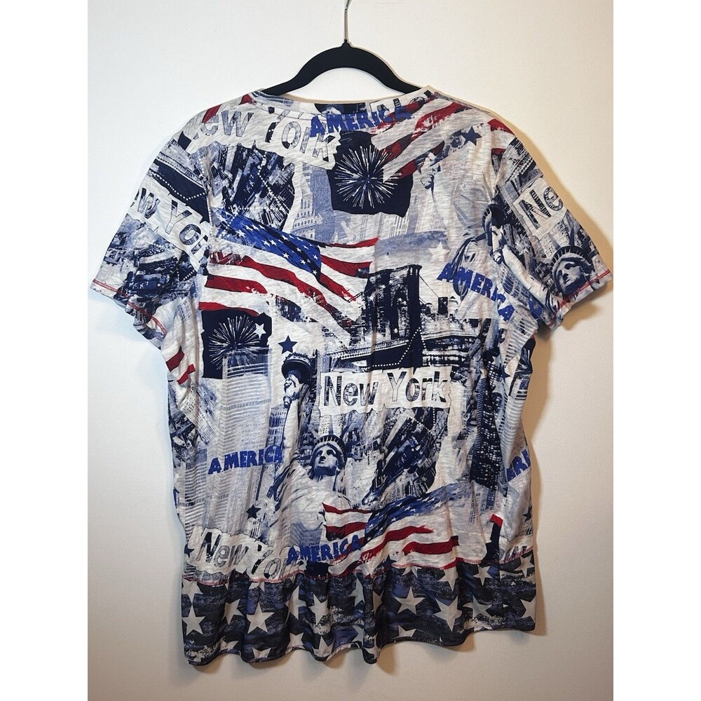 Unique Woman 2X Patriotic Stars Graphic Tunic T-Shirt V-Neck Rhinestone Button - Picture 9 of 16